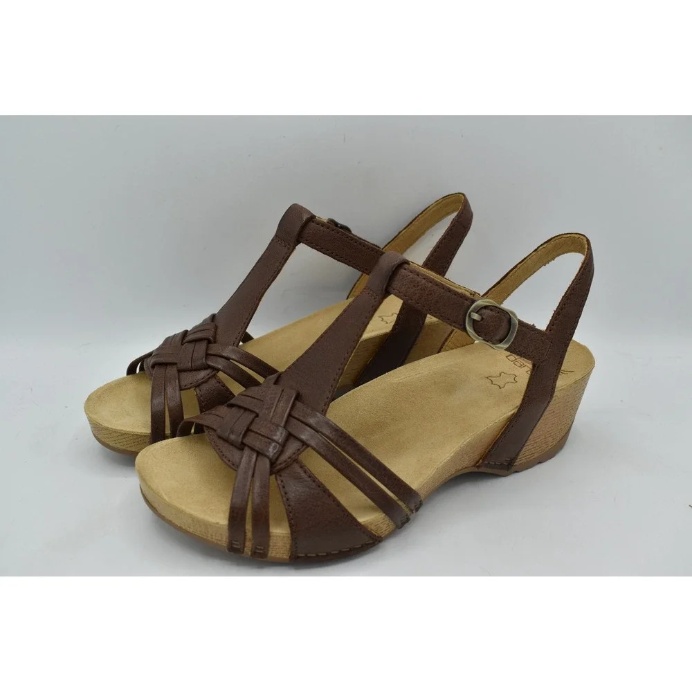 Dansko Women EU 38 Tia Milled Burnished Brown Leather Strappy Sandals Shoes